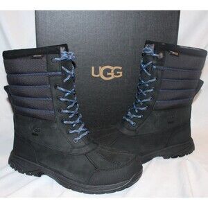 NIB UGG MEN'S BUTTE LOGO‎ LEATHER SHEARLING LINED WINTER SNOW BOOTS 10 BLACK